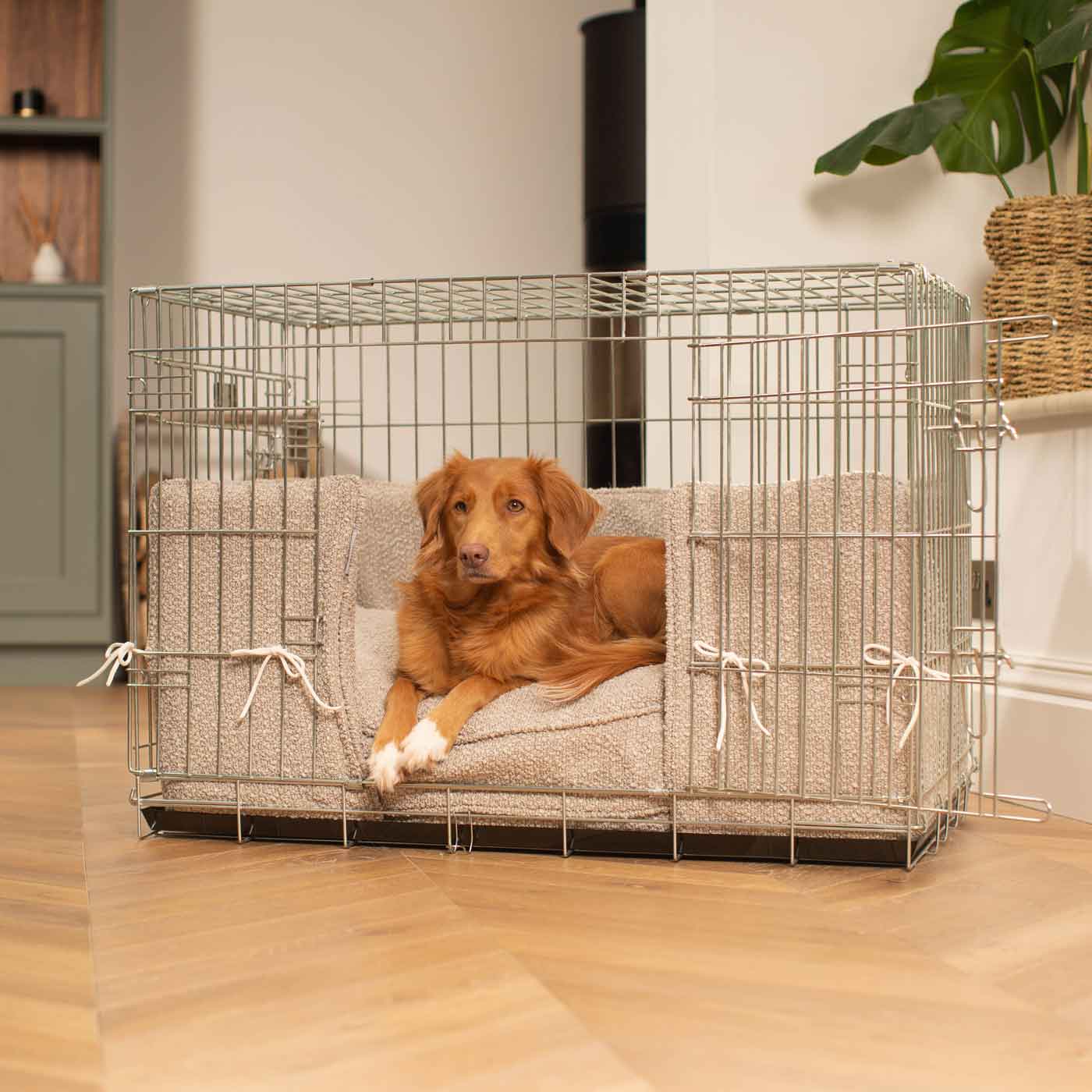 Luxury Dog Cage Bumper, Mink Bouclé Cage Bumper Cover The Perfect Dog Cage Accessory, Available To Personalize Now at Lords & Labradors