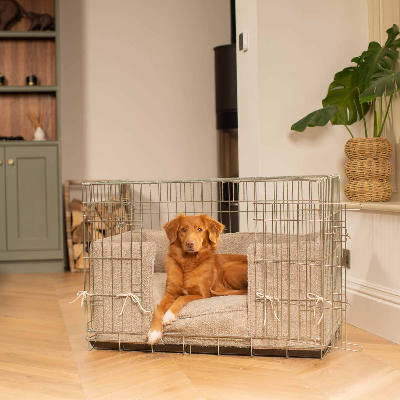 Luxury Dog Cage Bumper, Mink Bouclé Cage Bumper Cover The Perfect Dog Cage Accessory, Available To Personalize Now at Lords & Labradors