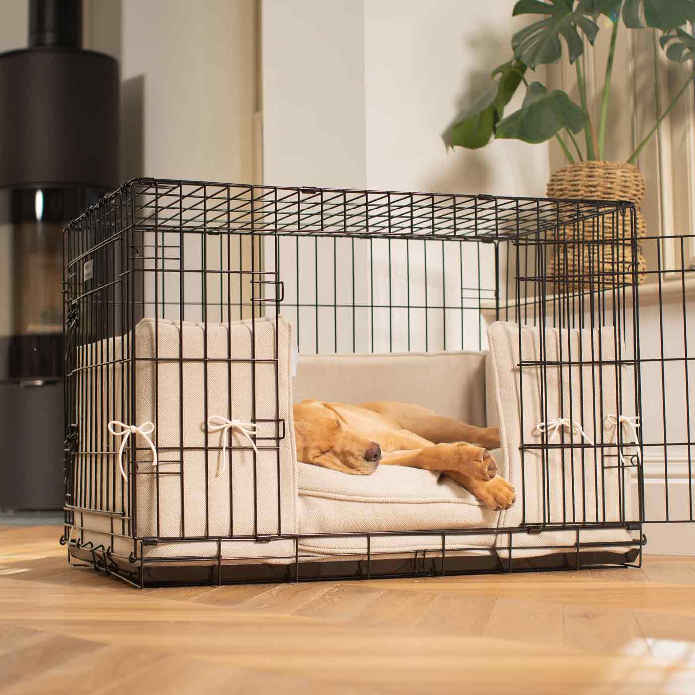 Luxury Dog Cage Bumper, Natural Herringbone Tweed Cage Bumper Cover The Perfect Dog Cage Accessory, Available To Personalize Now at Lords & Labradors US