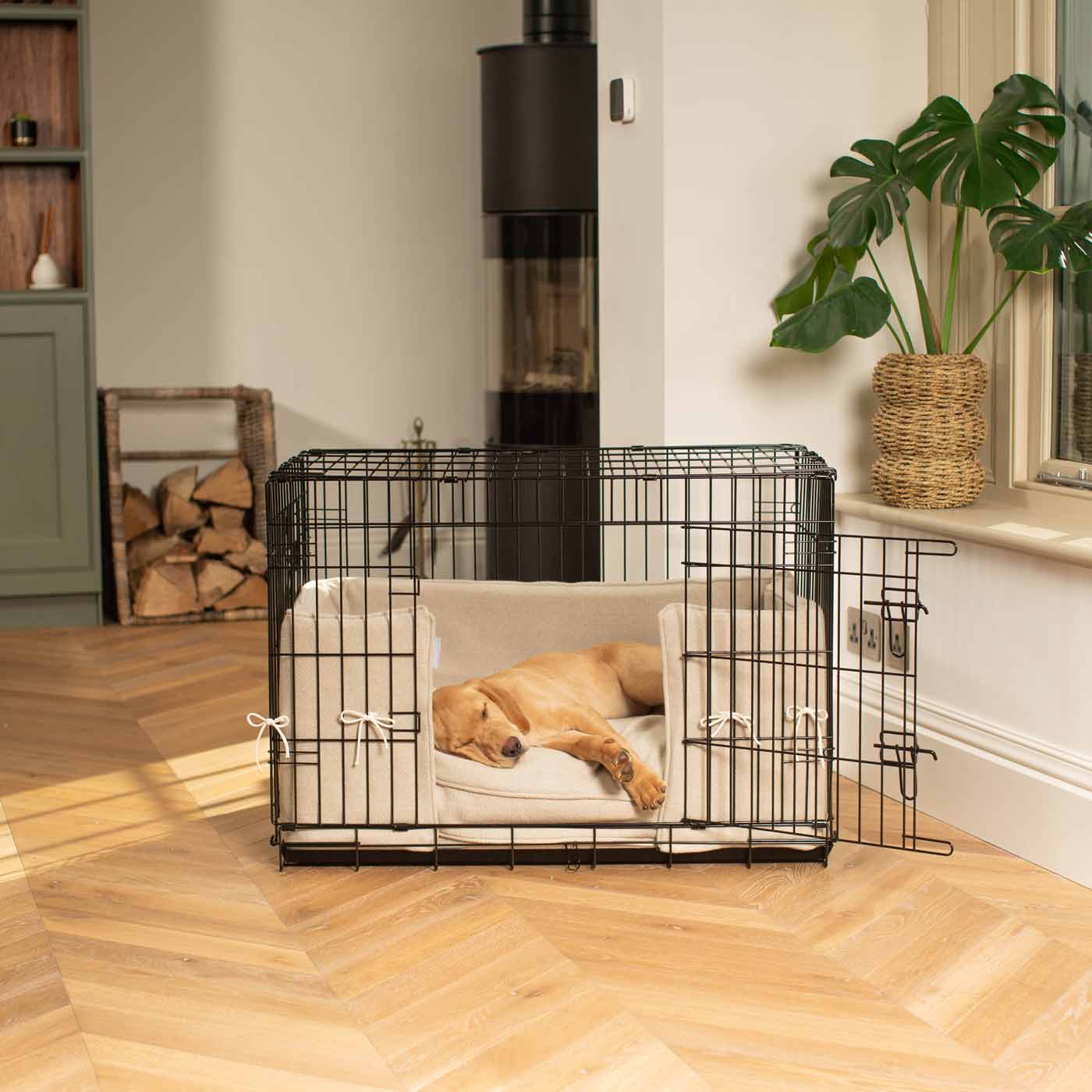 Luxury Dog Cage Bumper, Natural Herringbone Tweed Cage Bumper Cover The Perfect Dog Cage Accessory, Available To Personalize Now at Lords & Labradors US