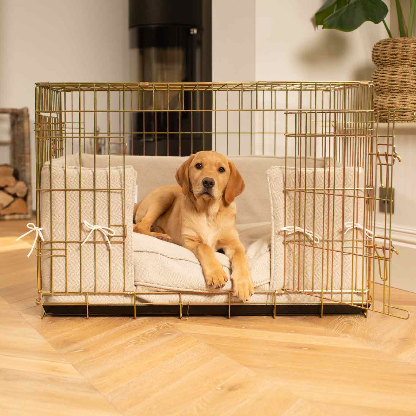 Luxury Dog Cage Bumper, Natural Herringbone Tweed Cage Bumper Cover The Perfect Dog Cage Accessory, Available To Personalize Now at Lords & Labradors US