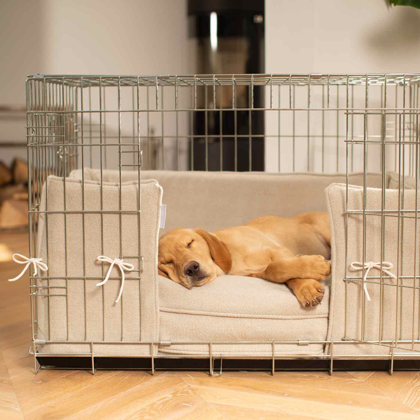 Luxury Dog Cage Bumper, Natural Herringbone Tweed Cage Bumper Cover The Perfect Dog Cage Accessory, Available To Personalize Now at Lords & Labradors US