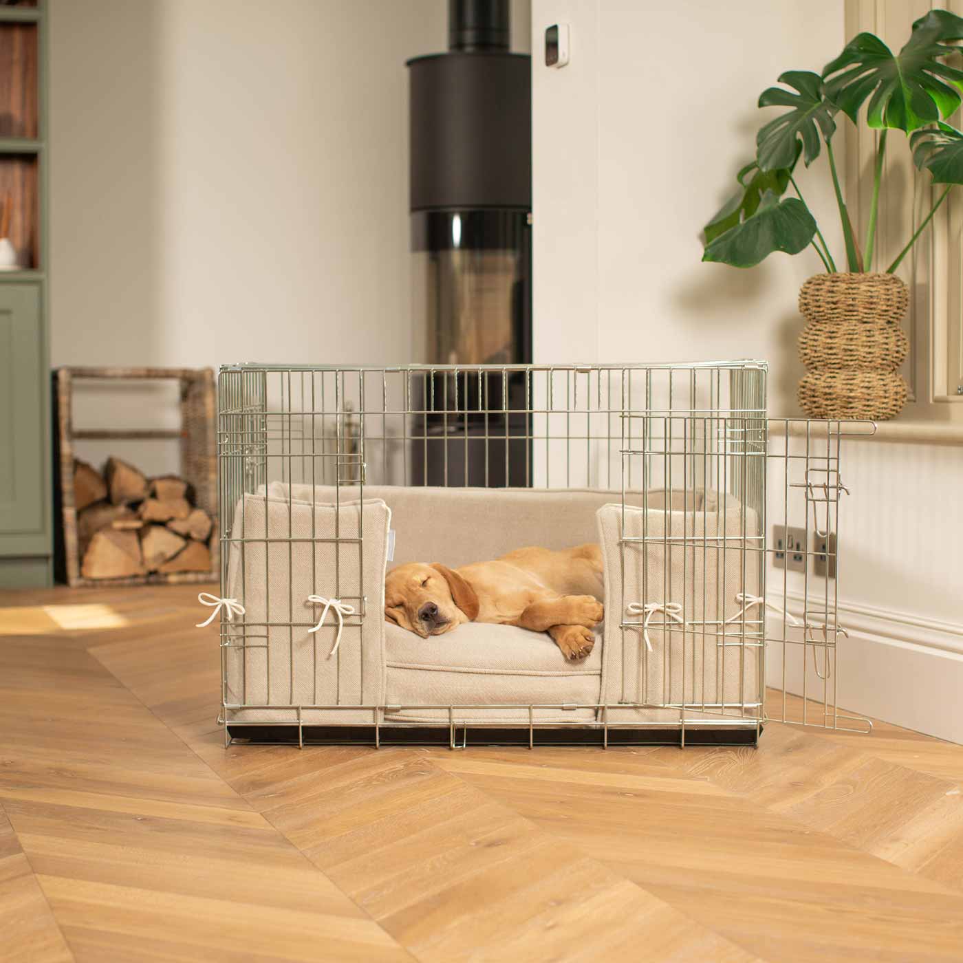 Luxury Dog Cage Bumper, Natural Herringbone Tweed Cage Bumper Cover The Perfect Dog Cage Accessory, Available To Personalize Now at Lords & Labradors US