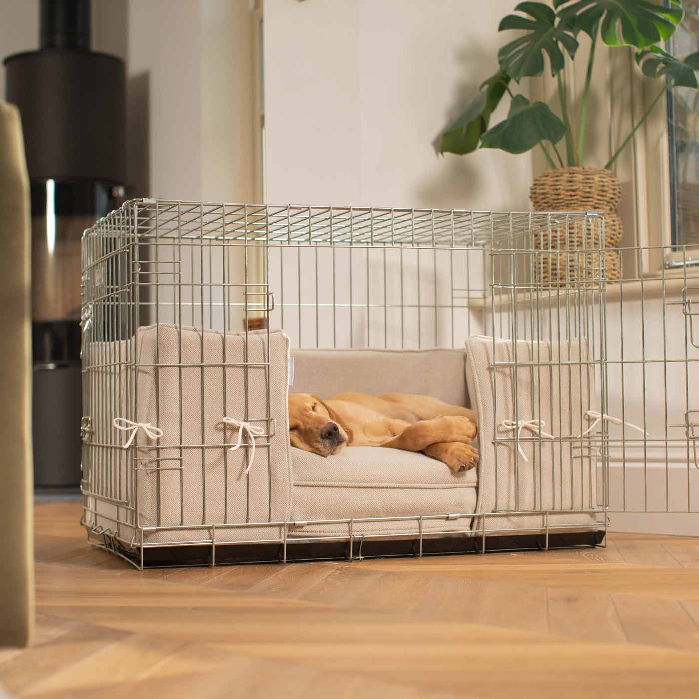 Luxury Dog Cage Bumper, Natural Herringbone Tweed Cage Bumper Cover The Perfect Dog Cage Accessory, Available To Personalize Now at Lords & Labradors US
