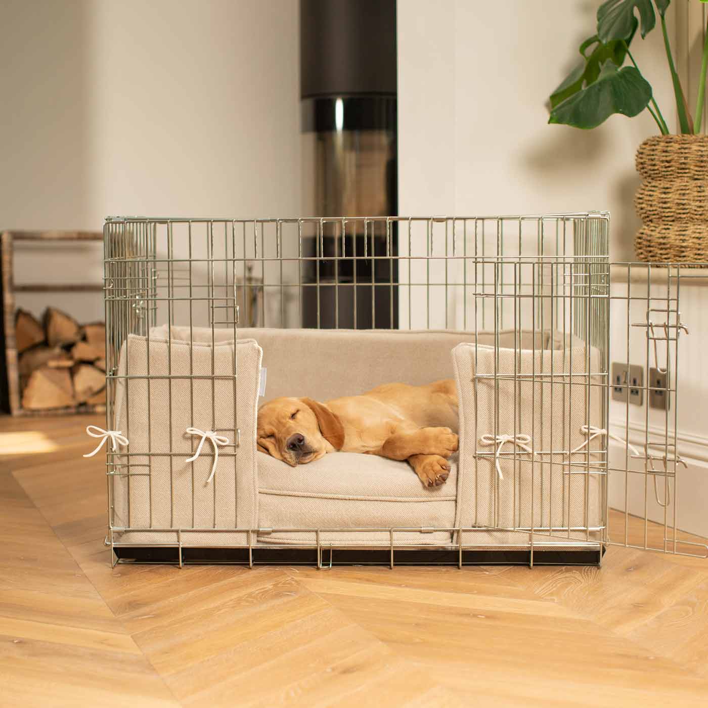 Luxury Dog Cage Bumper, Natural Herringbone Tweed Cage Bumper Cover The Perfect Dog Cage Accessory, Available To Personalize Now at Lords & Labradors US