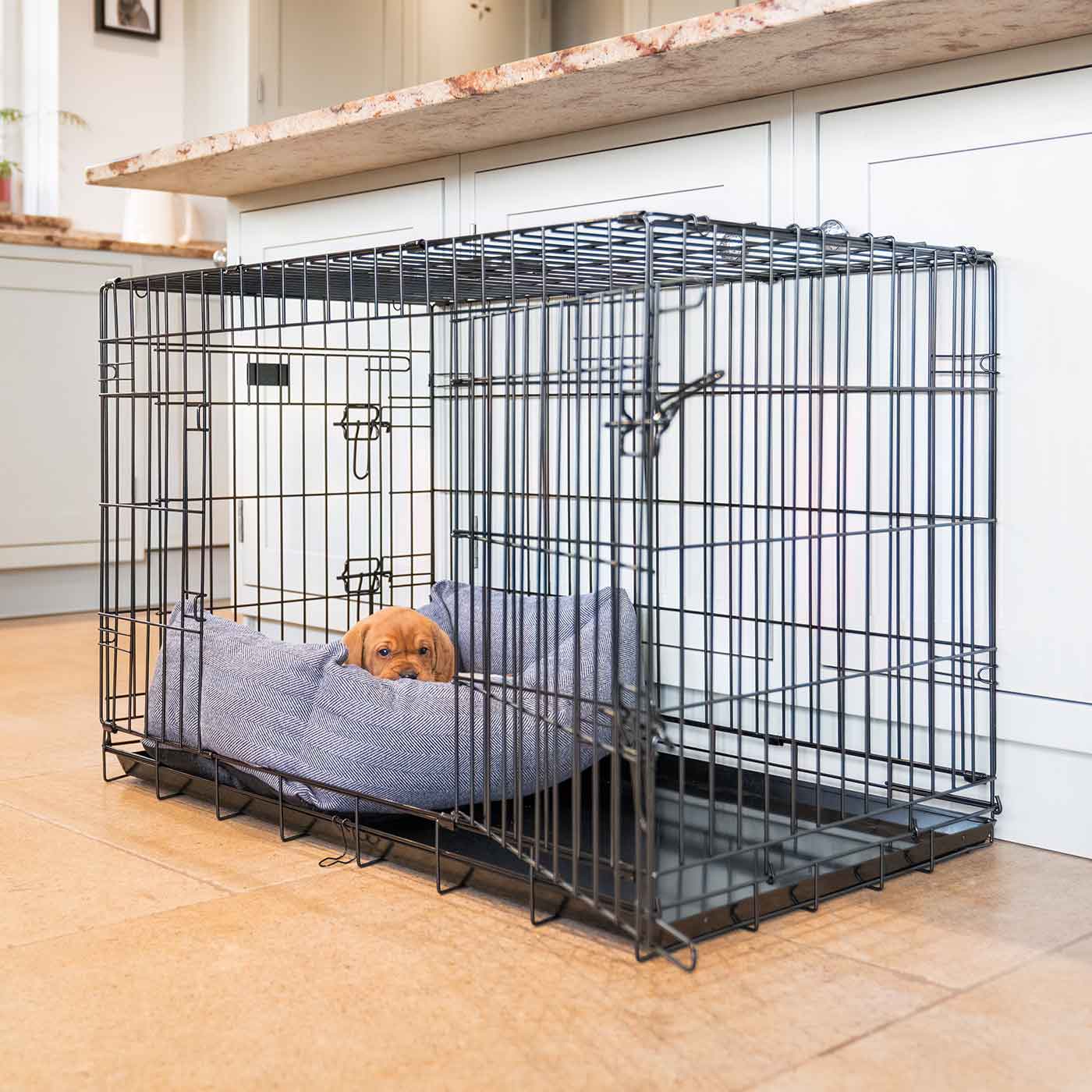 [color:oxford herringbone] Cozy & Calm Puppy Cage Bed, The Perfect Dog Cage Accessory For The Ultimate Dog Den! In Stunning Oxford Herringbone! Now Available to Personalize at Lords & Labradors US