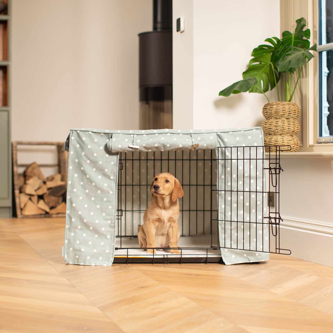 Luxury Black Dog Cage  With Cage Cover, in Duck Egg Spot. The Perfect Dog Crate For The Ultimate Naptime, Available Now to Personalize at Lords & Labradors US
