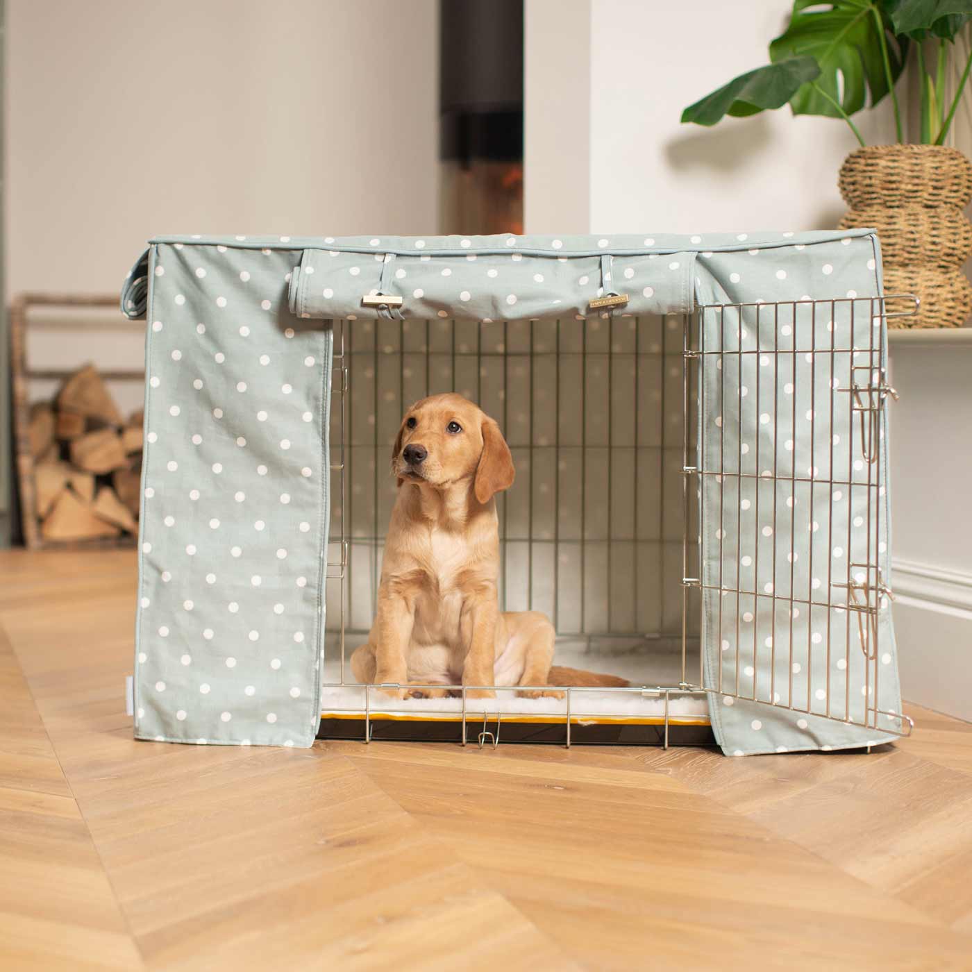 Luxury Silver Dog Cage  With Cage Cover, in Duck Egg Spot. The Perfect Dog Crate For The Ultimate Naptime, Available Now to Personalize at Lords & Labradors US