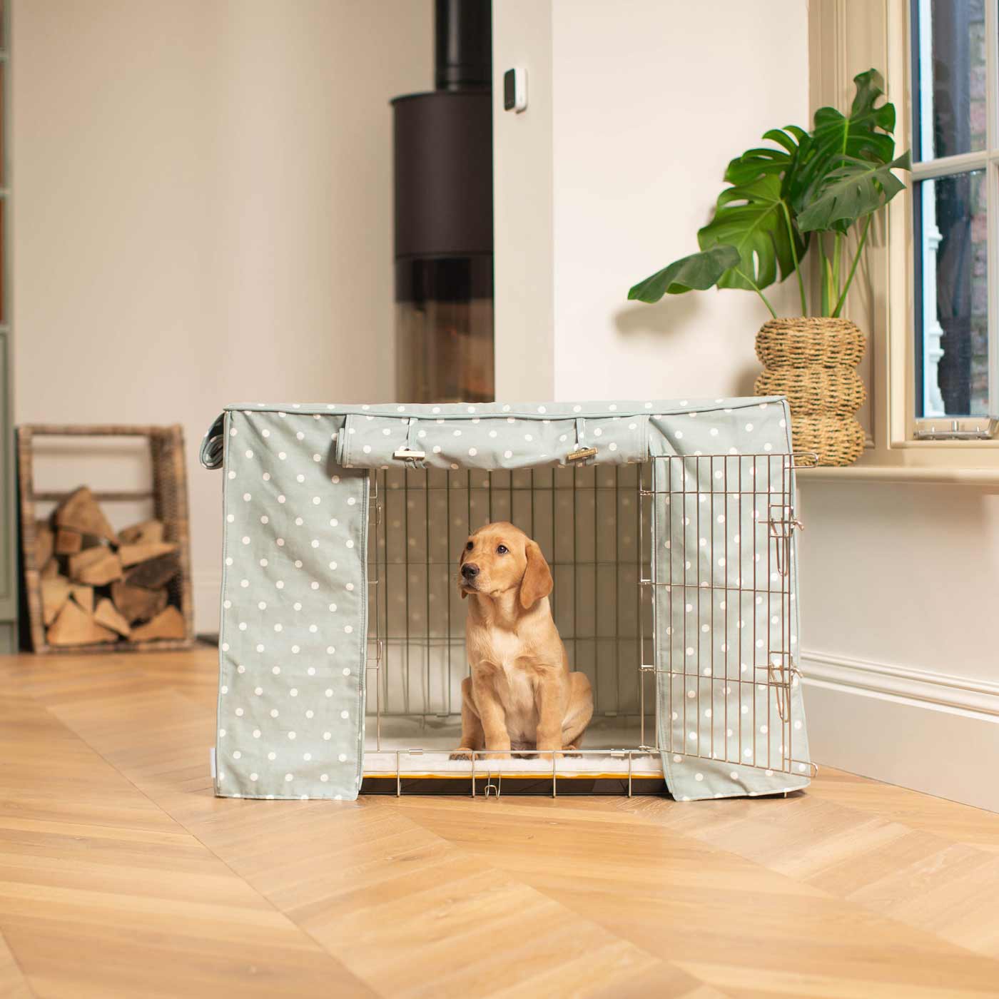 Luxury Silver Dog Cage With Cage Cover, in Duck Egg Spot. The Perfect Dog Crate For The Ultimate Naptime, Available Now to Personalize at Lords & Labradors US