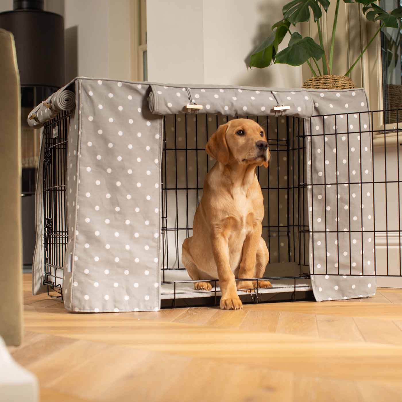 Luxury Dog Cage Cover, Grey Spot Cotton Cage Cover The Perfect Dog Cage Accessory, Available To Personalize Now at Lords & Labradors US