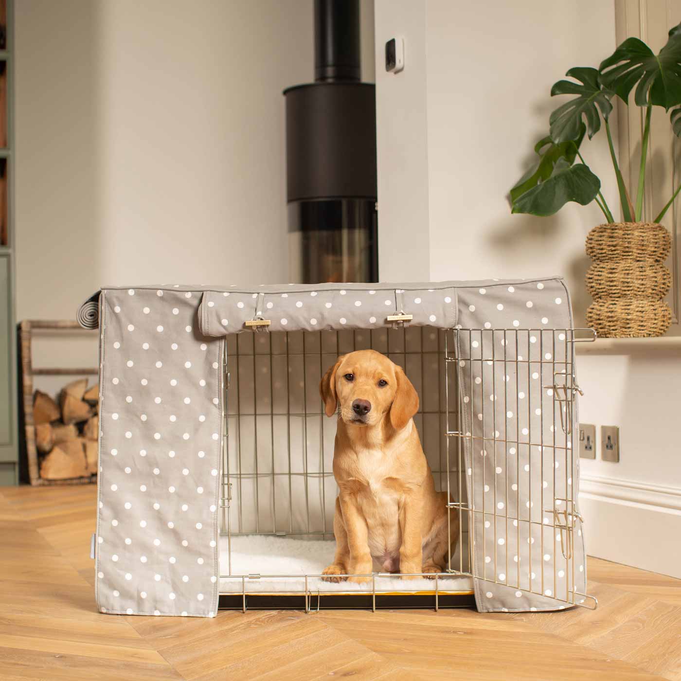 Luxury Dog Cage Cover, Grey Spot Cotton Cage Cover The Perfect Dog Cage Accessory, Available To Personalize Now at Lords & Labradors US