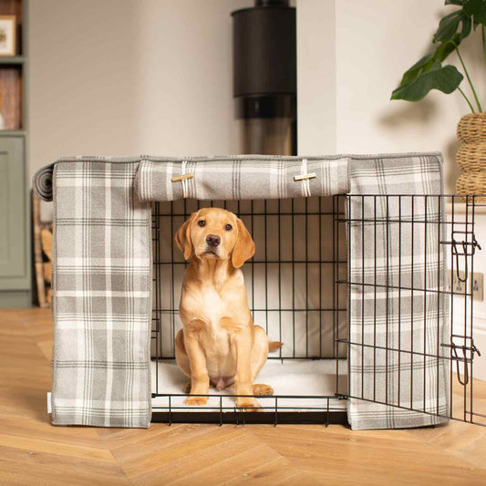 Luxury Dog Cage Cover, Balmoral Dove Grey Tweed Cage Cover The Perfect Dog Cage Accessory, Available To Personalize Now at Lords & Labradors US