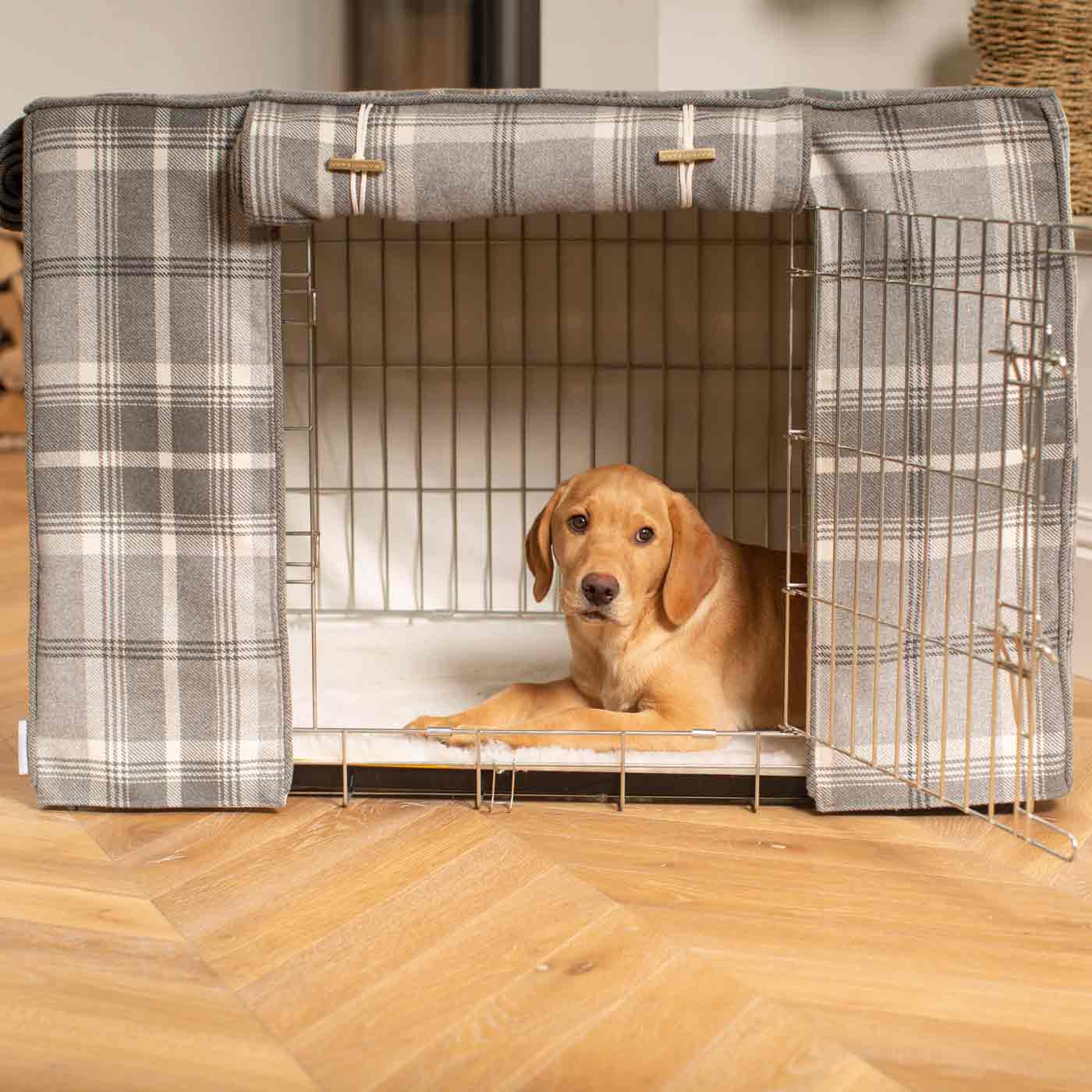 Luxury Dog Cage Cover, Balmoral Dove Grey Tweed Cage Cover The Perfect Dog Cage Accessory, Available To Personalize Now at Lords & Labradors US