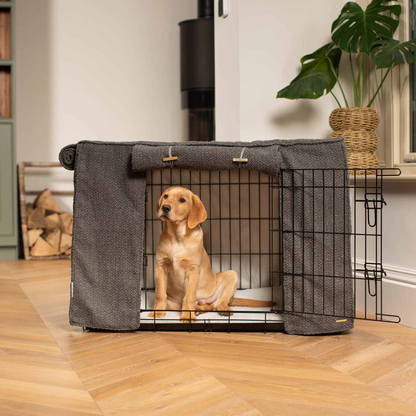 Luxury Dog Cage Cover, Granite Bouclé Cage Cover The Perfect Dog Cage Accessory, Available To Personalize Now at Lords & Labradors US