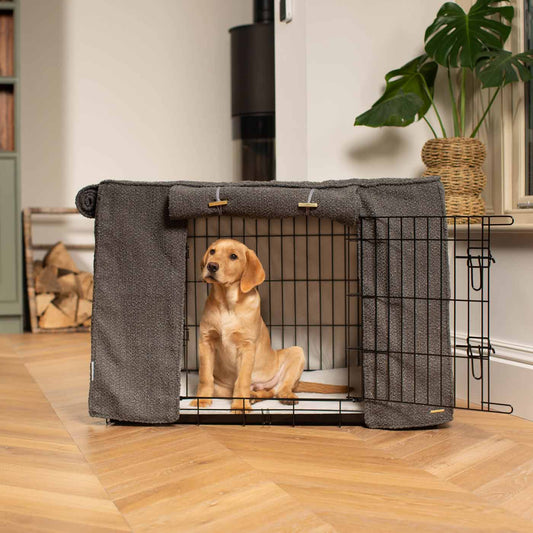 Luxury Dog Cage Cover, Granite Bouclé Cage Cover The Perfect Dog Cage Accessory, Available To Personalize Now at Lords & Labradors US