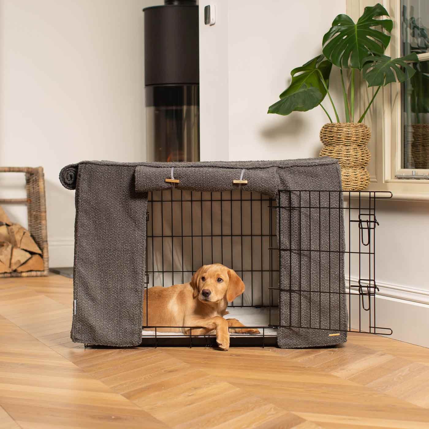 Luxury Dog Cage Cover, Granite Bouclé Cage Cover The Perfect Dog Cage Accessory, Available To Personalize Now at Lords & Labradors US