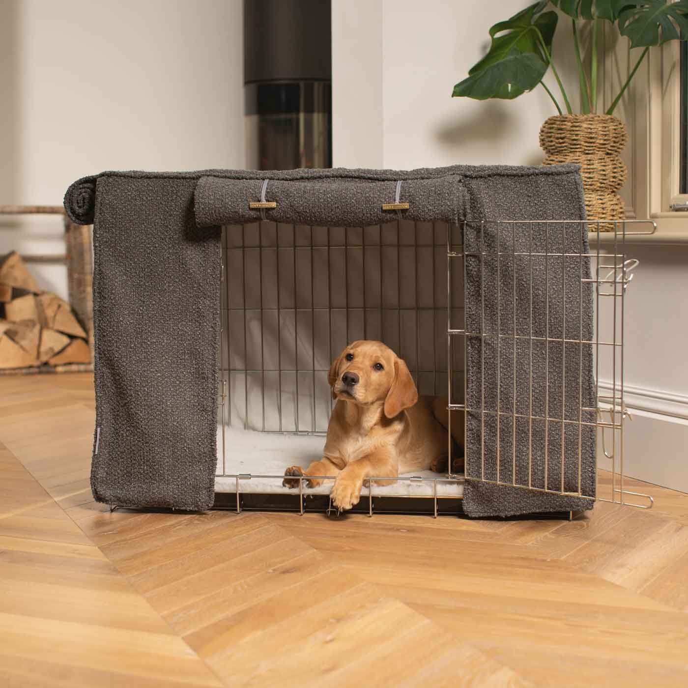 Luxury Dog Cage Cover, Granite Bouclé Cage Cover The Perfect Dog Cage Accessory, Available To Personalize Now at Lords & Labradors US