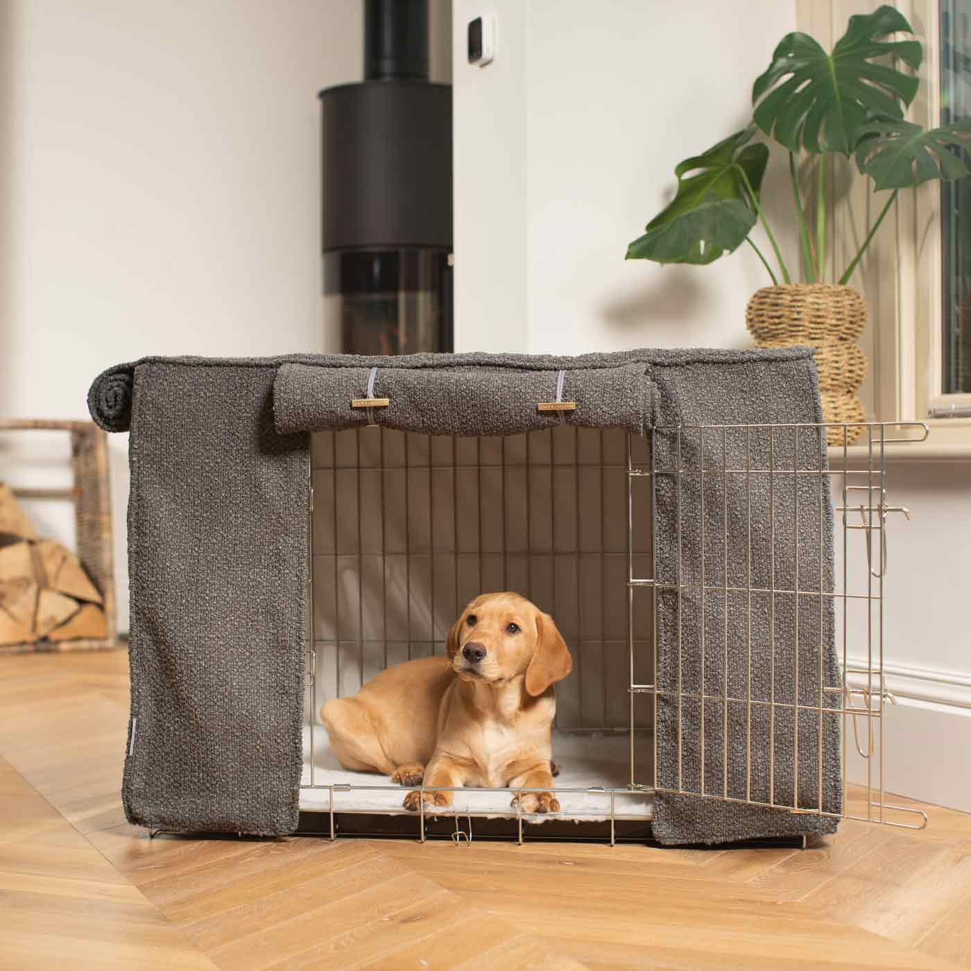 Luxury Dog Cage Cover, Granite Bouclé Cage Cover The Perfect Dog Cage Accessory, Available To Personalize Now at Lords & Labradors US