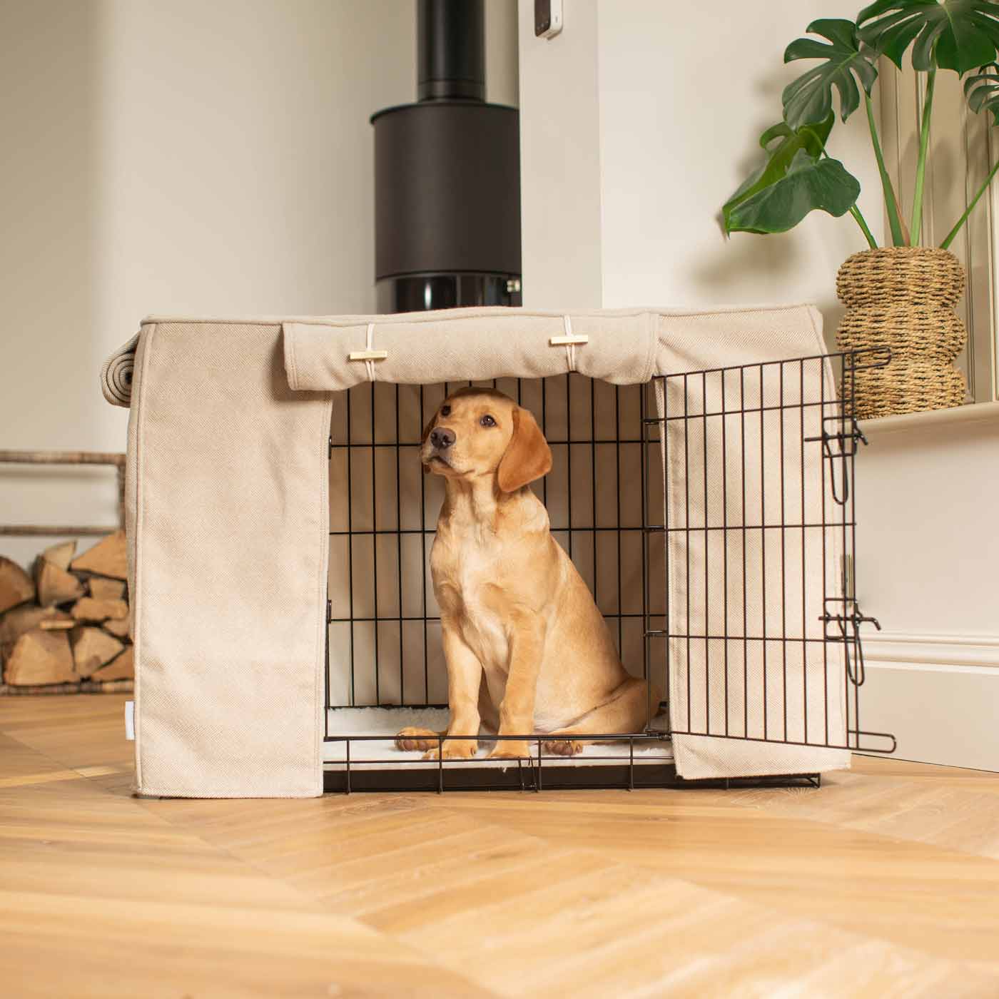 Luxury Dog Cage Cover, Natural Herringbone Tweed Cage Cover The Perfect Dog Cage Accessory, Available To Personalize Now at Lords & Labradors US