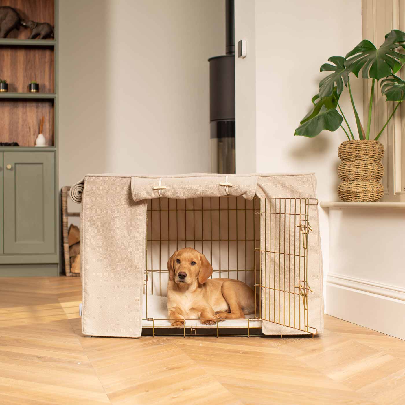 Luxury Dog Cage Cover, Natural Herringbone Tweed Cage Cover The Perfect Dog Cage Accessory, Available To Personalize Now at Lords & Labradors US