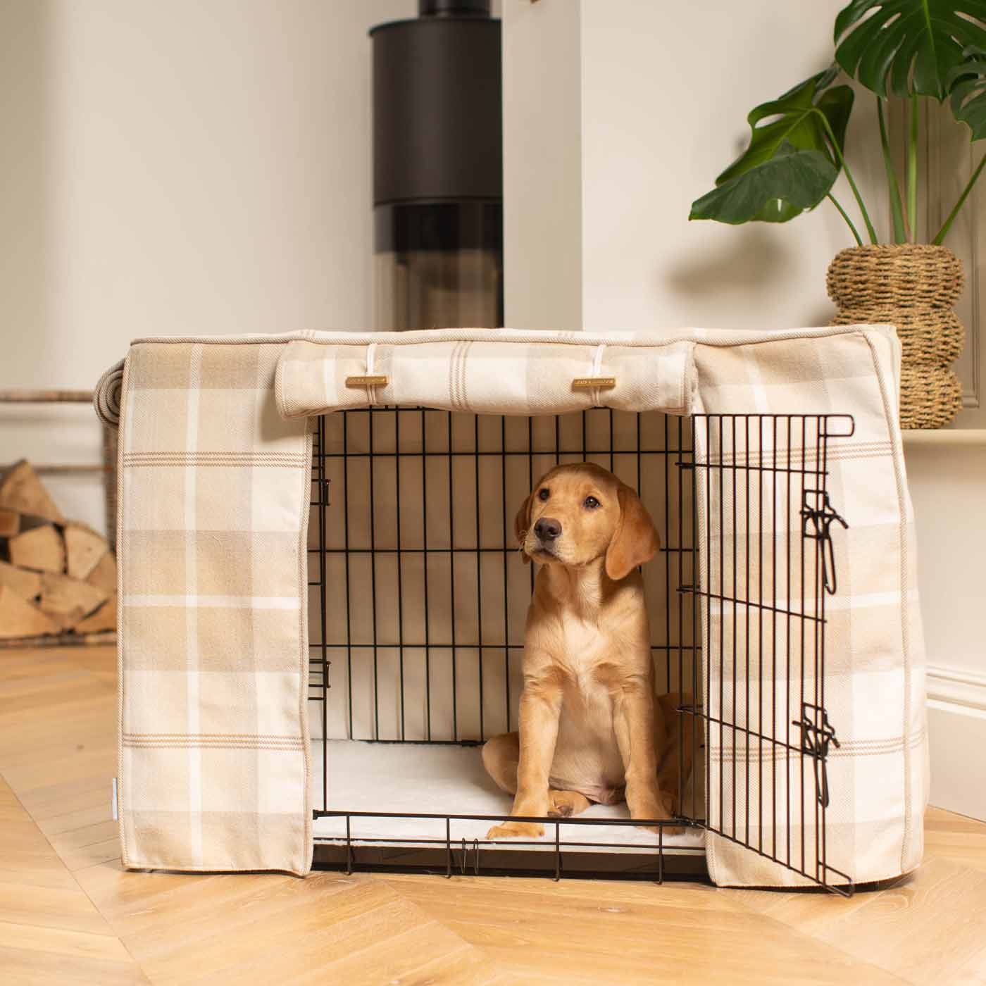 Luxury Dog Cage Cover, in Balmoral Natural Tweed. The Perfect Dog Cage Accessory, Available To Personalize Now at Lords & Labradors US