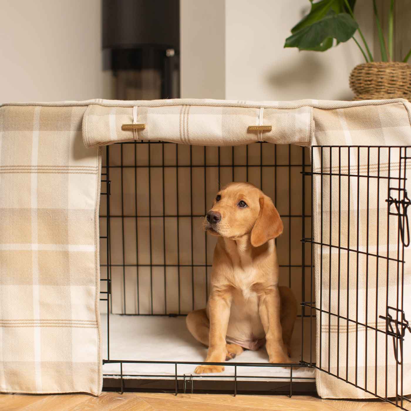 Luxury Dog Cage Cover, in Balmoral Natural Tweed. The Perfect Dog Cage Accessory, Available To Personalize Now at Lords & Labradors US