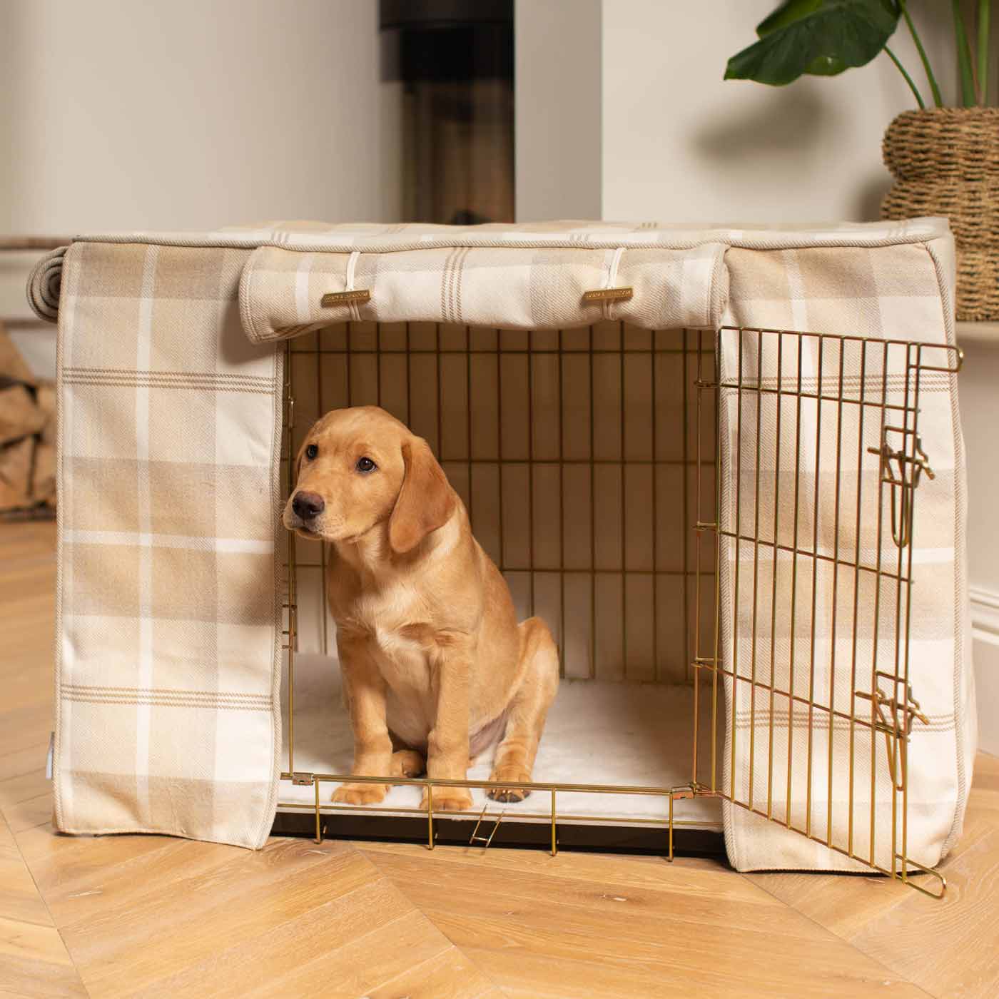 Luxury Dog Cage Cover, in Balmoral Natural Tweed. The Perfect Dog Cage Accessory, Available To Personalize Now at Lords & Labradors US
