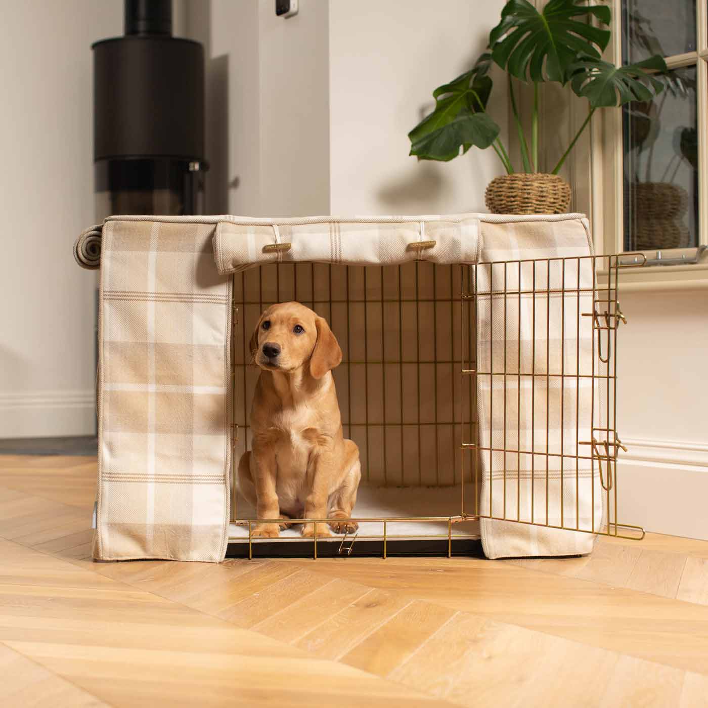 Luxury Dog Cage Cover, in Balmoral Natural Tweed. The Perfect Dog Cage Accessory, Available To Personalize Now at Lords & Labradors US