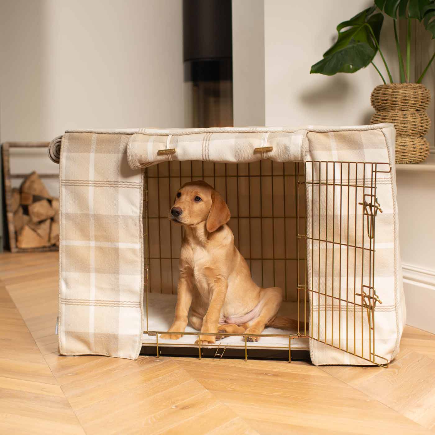 Luxury Dog Cage Cover, in Balmoral Natural Tweed. The Perfect Dog Cage Accessory, Available To Personalize Now at Lords & Labradors US