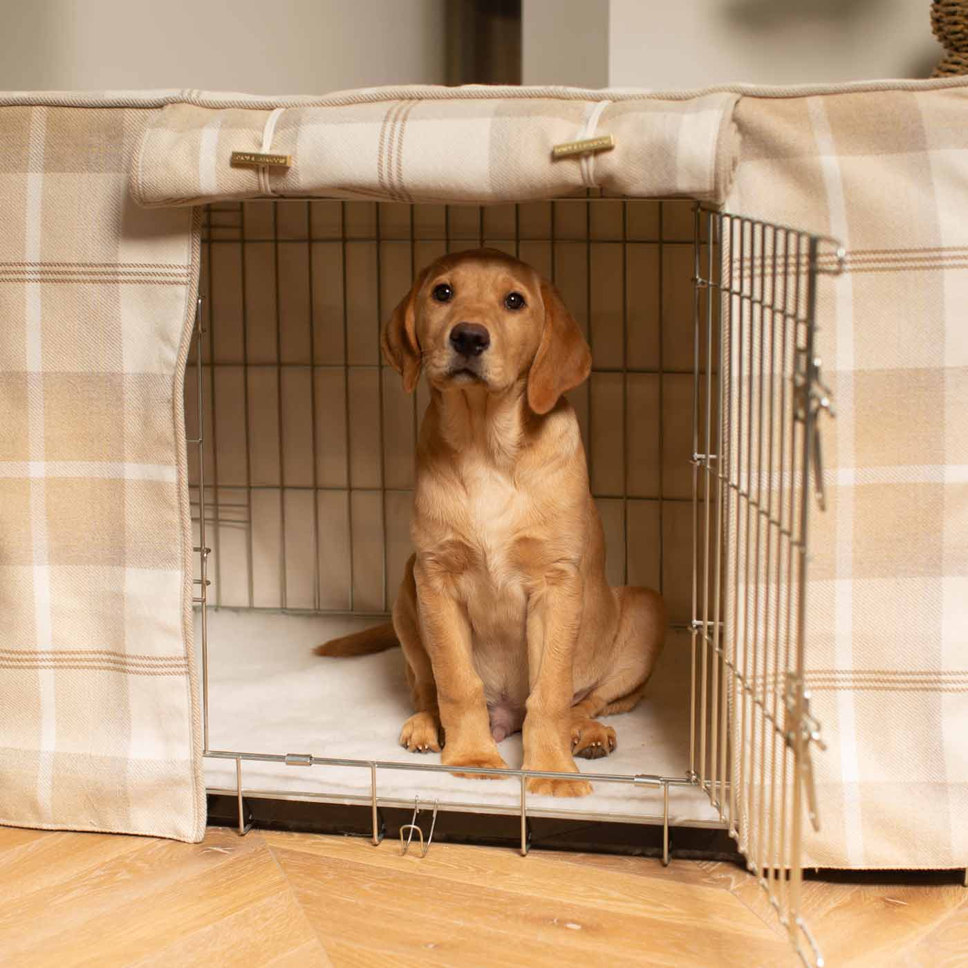 Luxury Dog Cage Cover, in Balmoral Natural Tweed. The Perfect Dog Cage Accessory, Available To Personalize Now at Lords & Labradors US