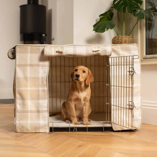 Luxury Dog Cage Cover, in Balmoral Natural Tweed. The Perfect Dog Cage Accessory, Available To Personalize Now at Lords & Labradors US