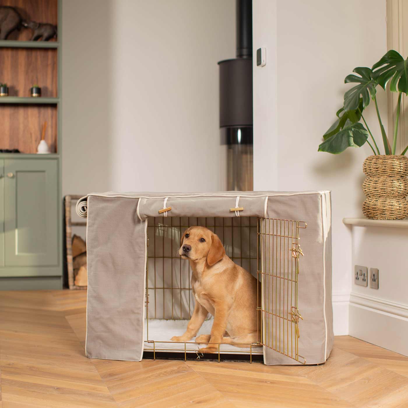 Discover Our Gold Heavy-Duty Dog Cage With Savanna Stone Cage Cover, The Perfect Cage Accessory For The Ultimate Pet Den. Available To Personalize at Lords & Labradors US
