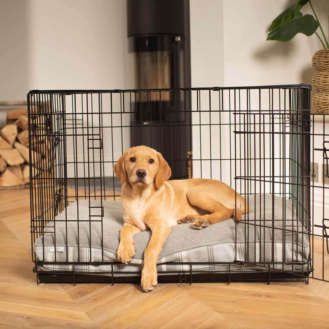 Luxury Dog Cage Cushion, Balmoral Dove Grey Tweed Cage Cushion. The Perfect Dog Cage Accessory, Available To Personalize Now at Lords & Labradors US
