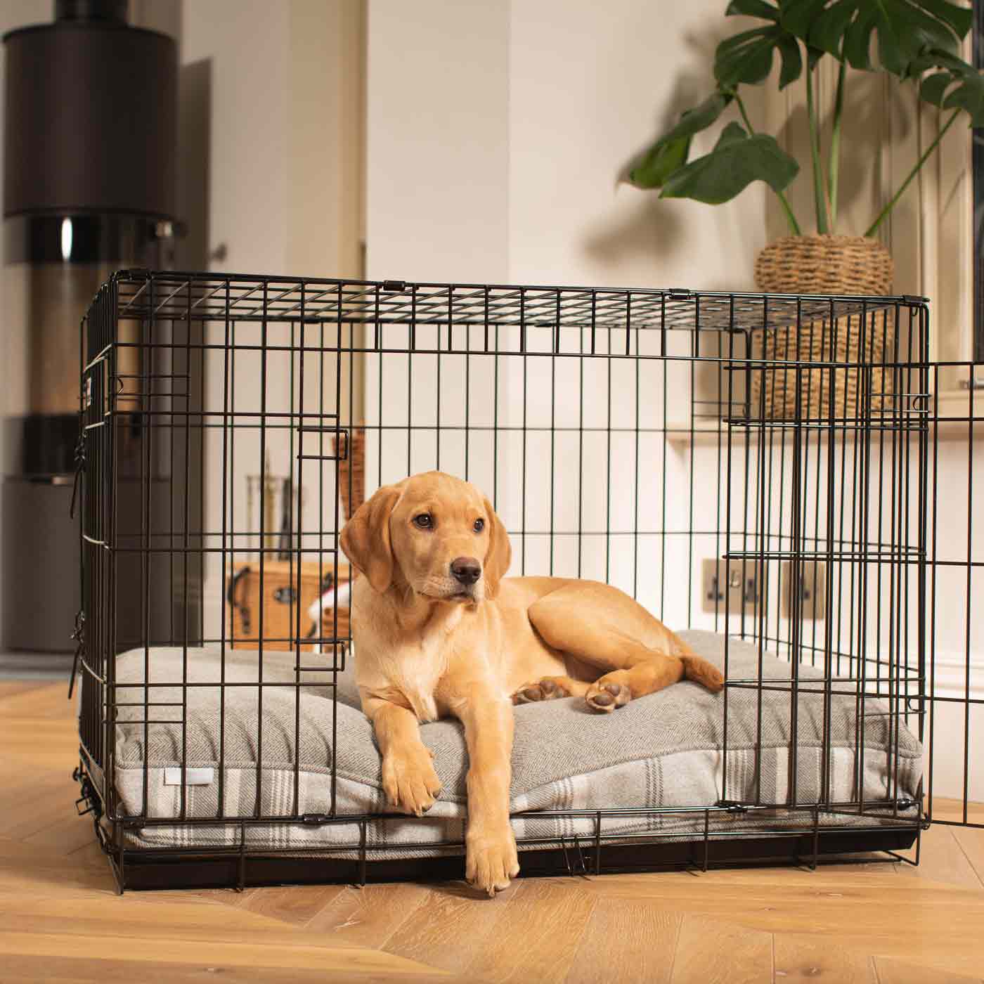 Luxury Dog Cage Cushion, Balmoral Dove Grey Tweed Cage Cushion. The Perfect Dog Cage Accessory, Available To Personalize Now at Lords & Labradors US
