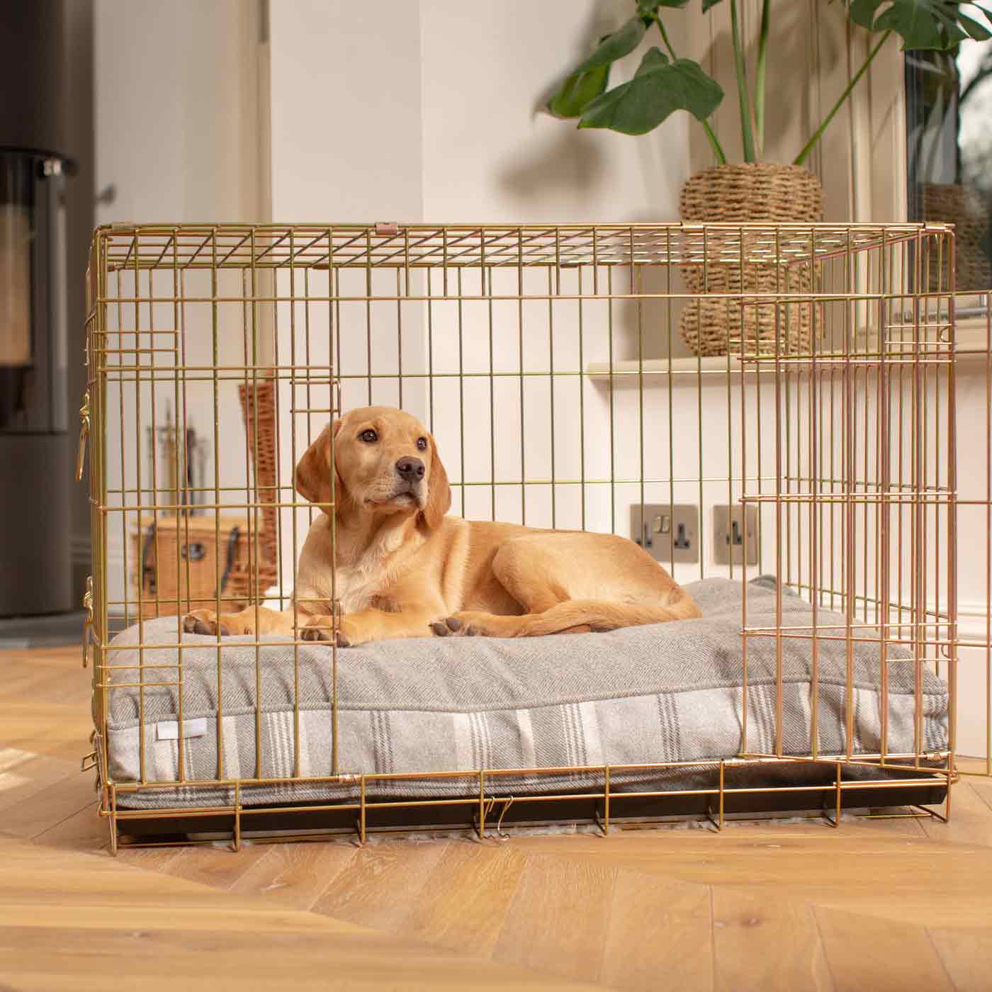 Luxury Dog Cage Cushion, Balmoral Dove Grey Tweed Cage Cushion. The Perfect Dog Cage Accessory, Available To Personalize Now at Lords & Labradors US