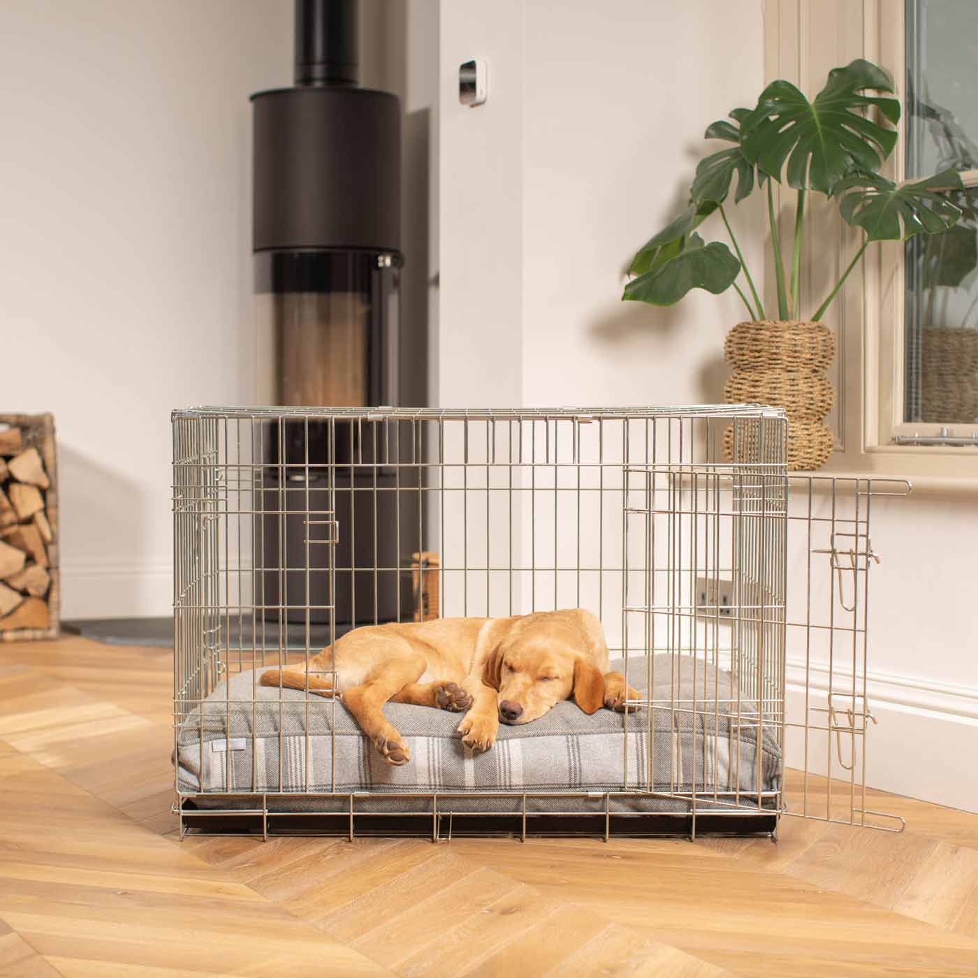 Luxury Dog Cage Cushion, Balmoral Dove Grey Tweed Cage Cushion. The Perfect Dog Cage Accessory, Available To Personalize Now at Lords & Labradors US