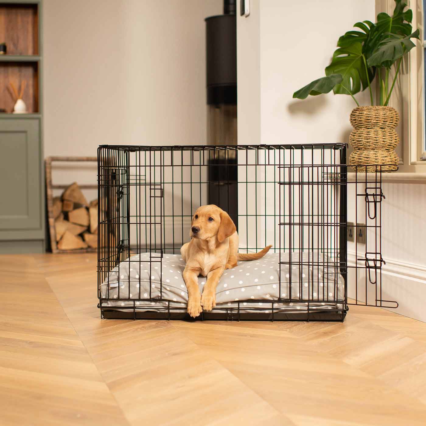 Luxury Dog Cage Cushion, Grey Spot Cage Cushion The Perfect Dog Cage Accessory, Available To Personalize Now at Lords & Labradors US
