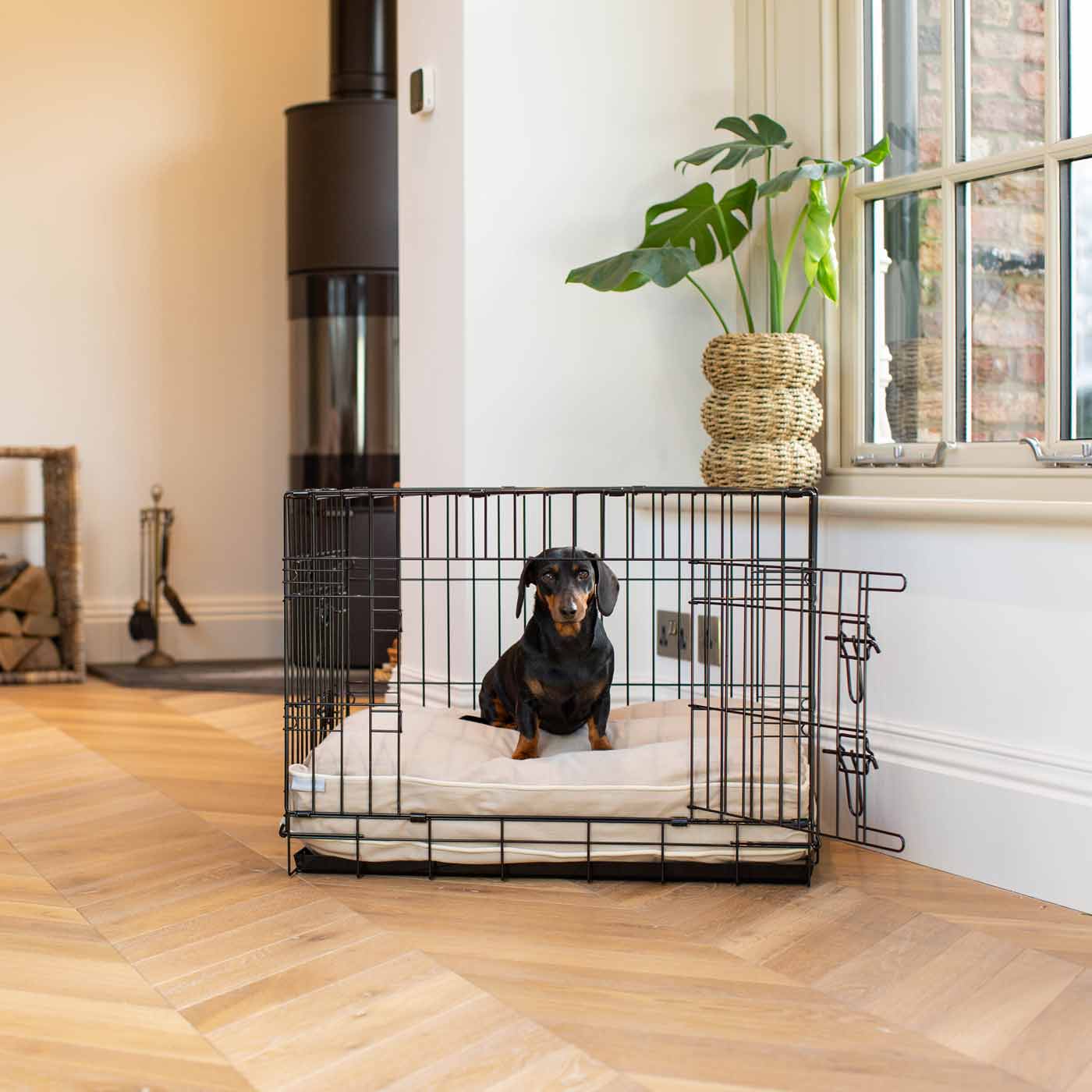 Luxury Dog Cage Cushion in Savanna Oatmeal, part of our savanna collection. The Perfect Dog Cage Accessory, Now Available to Personalize at Lords & Labradors US