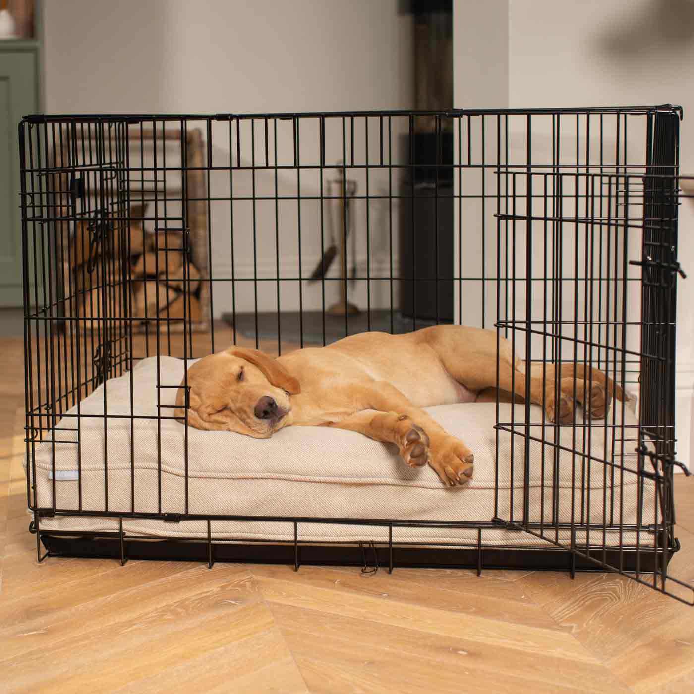 Luxury Dog Cage Cushion, Natural Herringbone Tweed Cage Cushion The Perfect Dog Cage Accessory, Available To Personalize Now at Lords & Labradors US