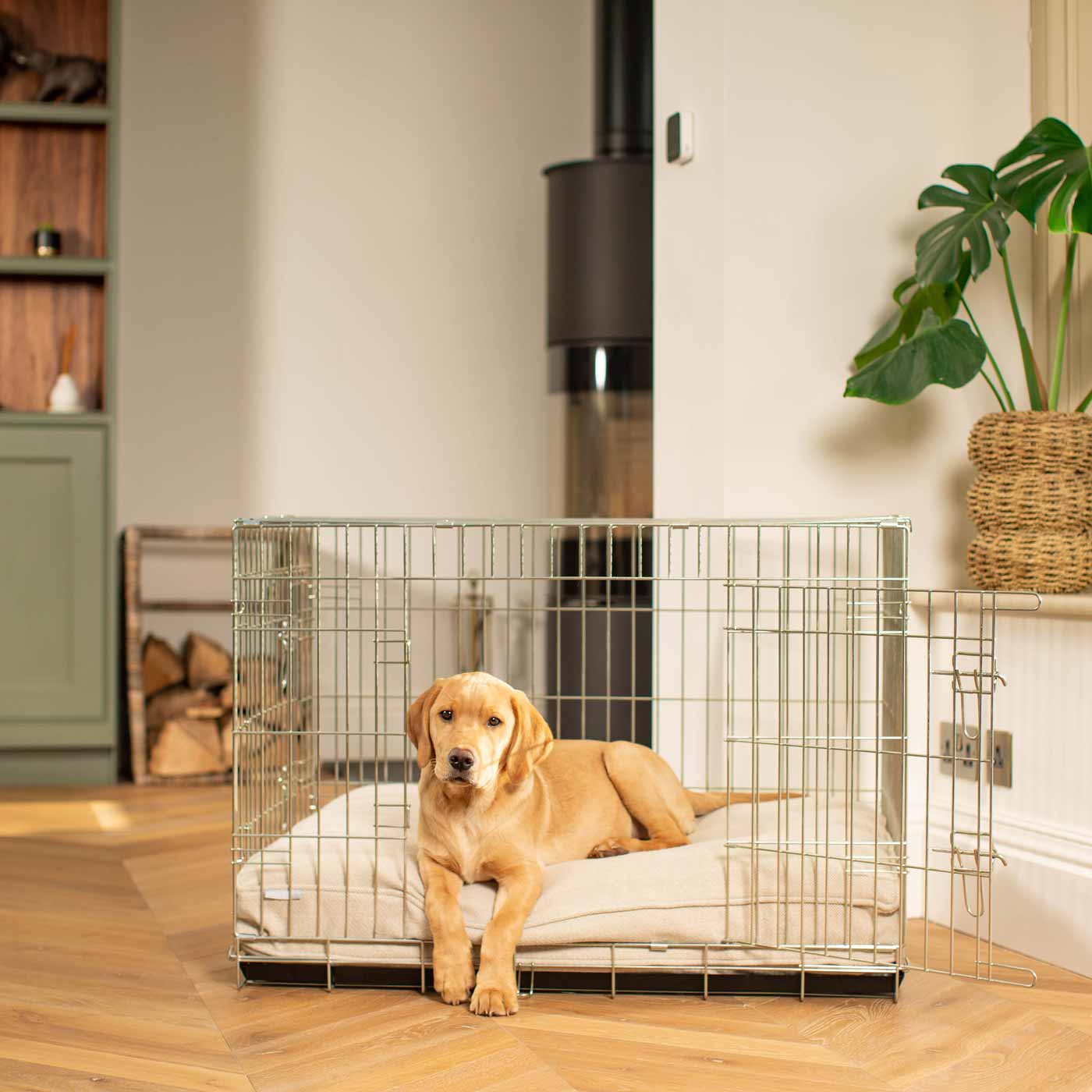 Luxury Dog Cage Cushion, Natural Herringbone Tweed Cage Cushion The Perfect Dog Cage Accessory, Available To Personalize Now at Lords & Labradors US