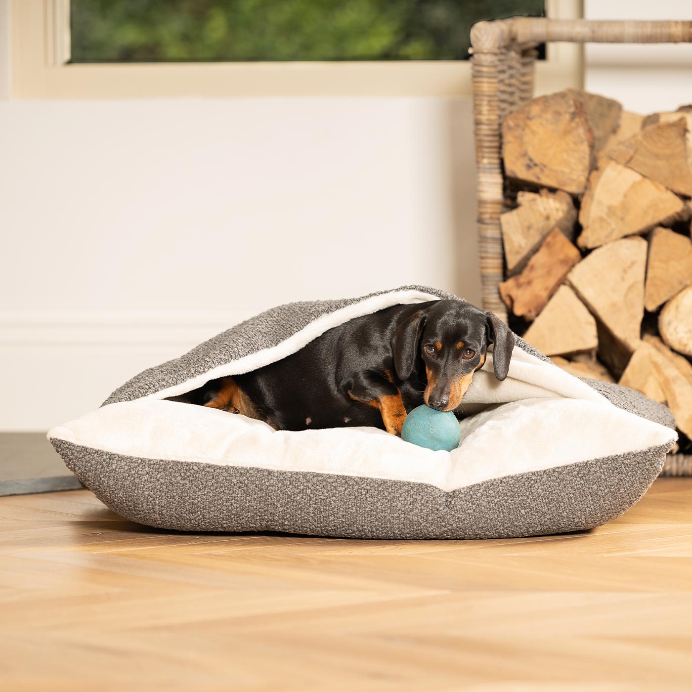 Luxury Granite Boucle Sleepy Burrows, The Perfect bed For a Pet to Burrow. Available To Personalize In Stunning Granite Bouclé Here at Lords & Labradors US