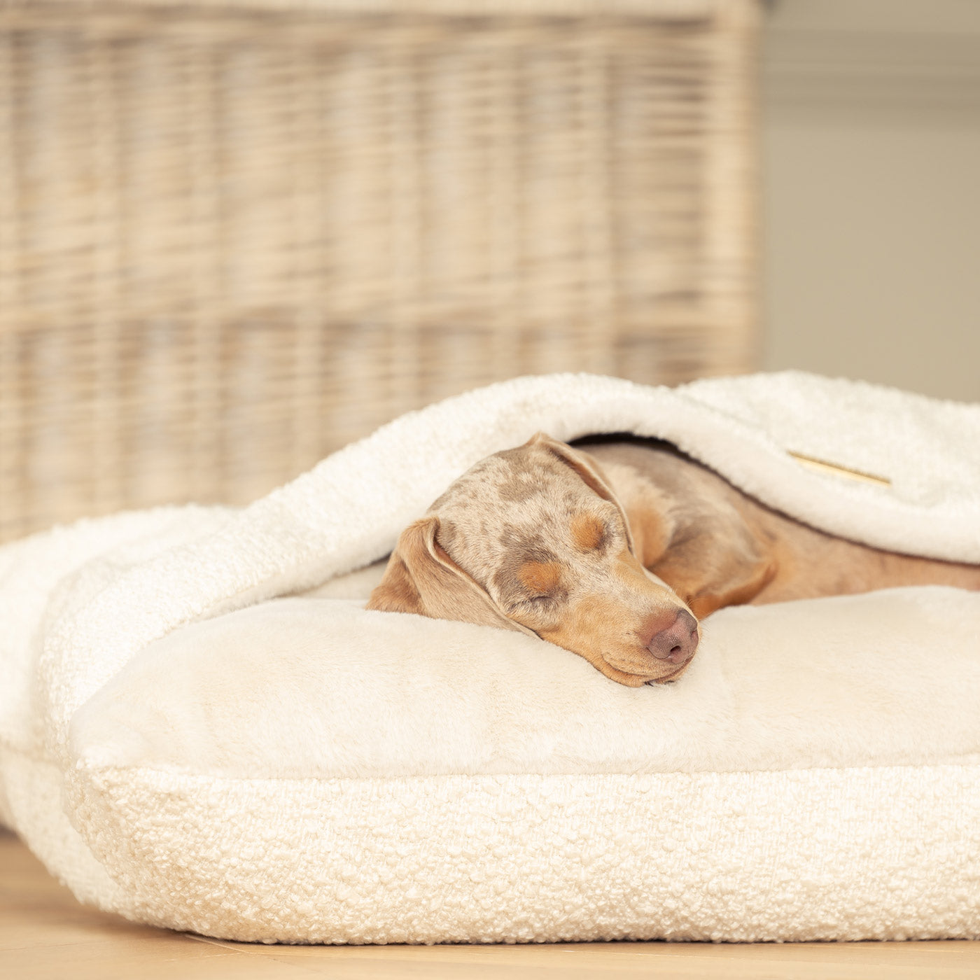 Luxury Ivory Boucle Sleepy Burrows, The Perfect bed For a Pet to Burrow. Available To Personalize In Stunning Ivory Bouclé Here at Lords & Labradors US