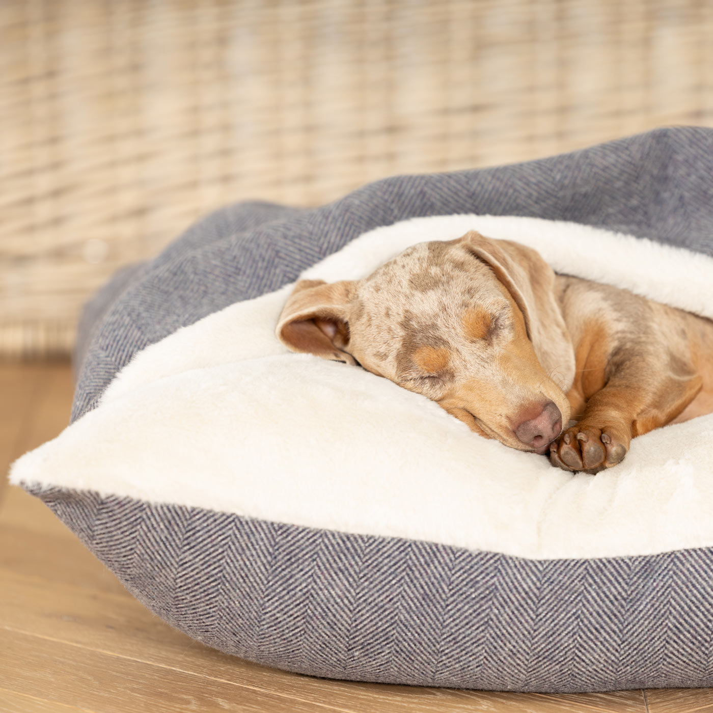 Discover The Perfect Burrow For Your Pet, Our Stunning Sleepy Burrow Dog Beds In Oxford Herringbone Is The Perfect Bed Choice For Your Pet, Available Now at Lords & Labradors US