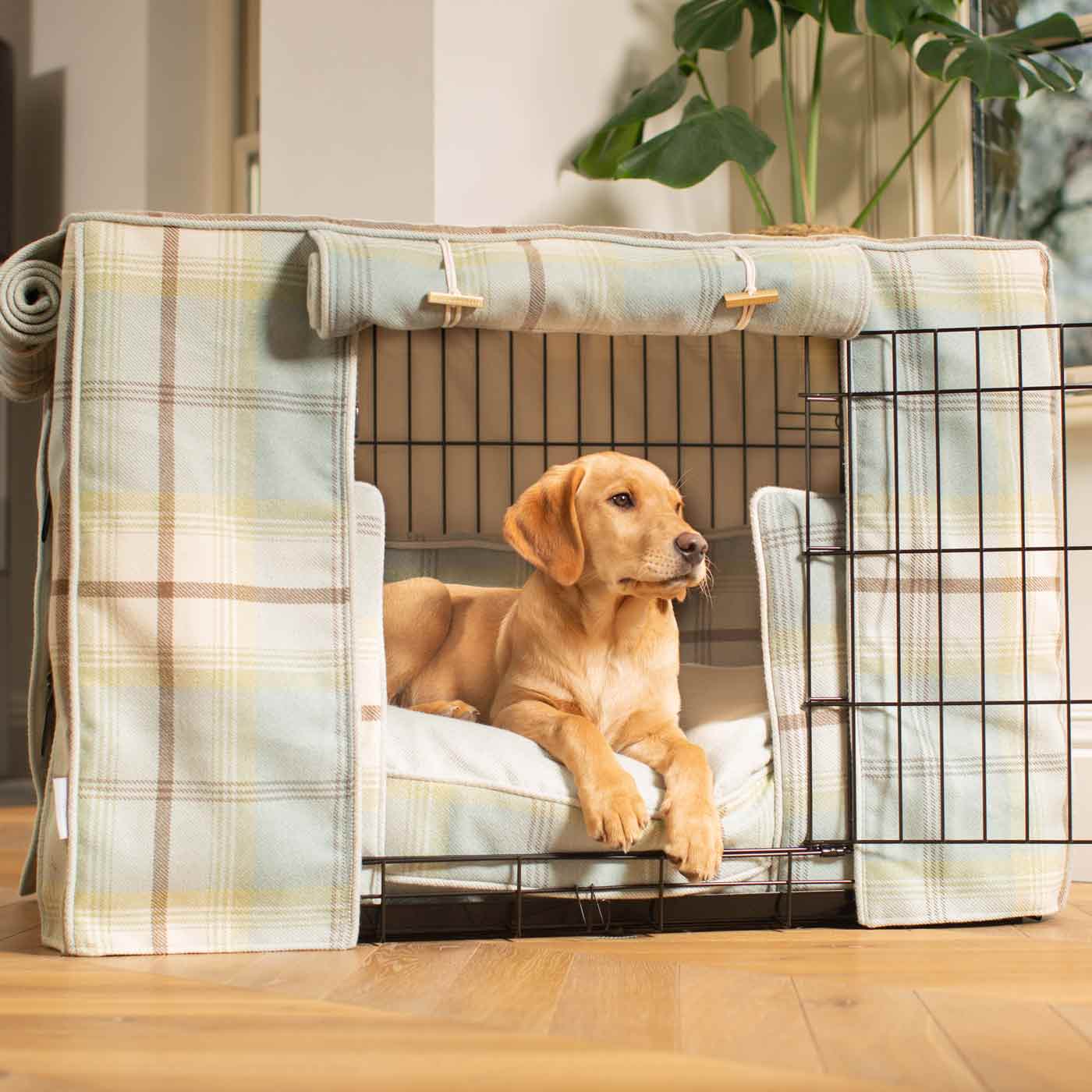Luxury Heavy Duty Dog Cage, In Stunning Balmoral Duck Egg Tweed Cage Set, The Perfect Dog Cage Set For Building The Ultimate Pet Den! Dog Cage Cover Available To Personalize at Lords & Labradors US