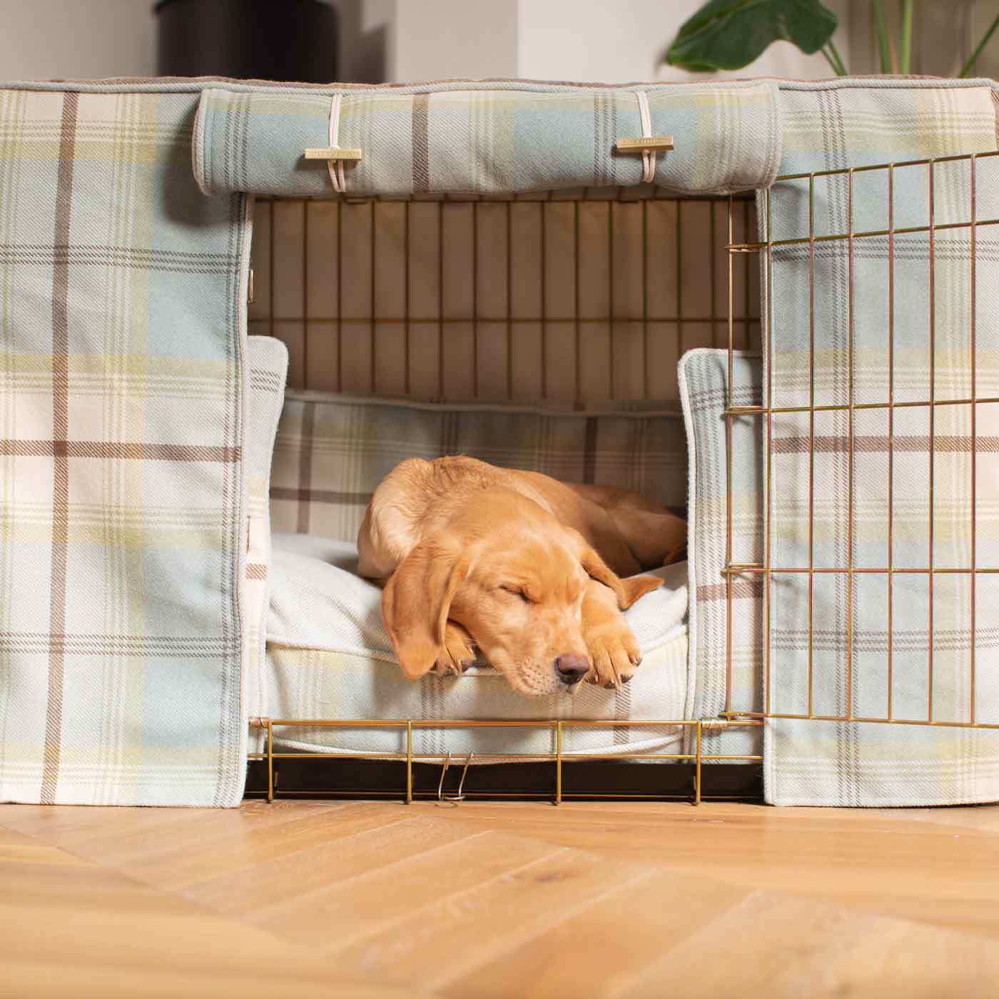 Luxury Heavy Duty Dog Cage, In Stunning Balmoral Duck Egg Tweed Cage Set, The Perfect Dog Cage Set For Building The Ultimate Pet Den! Dog Cage Cover Available To Personalize at Lords & Labradors US