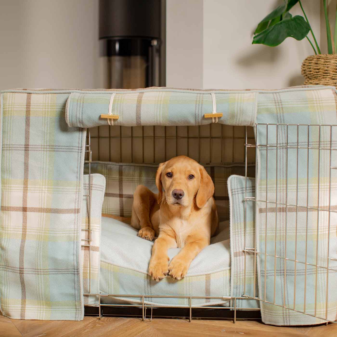 Luxury Heavy Duty Dog Cage, In Stunning Balmoral Duck Egg Tweed Cage Set, The Perfect Dog Cage Set For Building The Ultimate Pet Den! Dog Cage Cover Available To Personalize at Lords & Labradors US