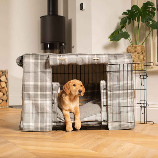 Luxury Heavy Duty Dog Cage, In Stunning Balmoral Dove Grey Tweed Cage Set, The Perfect Dog Cage Set For Building The Ultimate Pet Den! Dog Cage Cover Available To Personalize at Lords & Labradors US