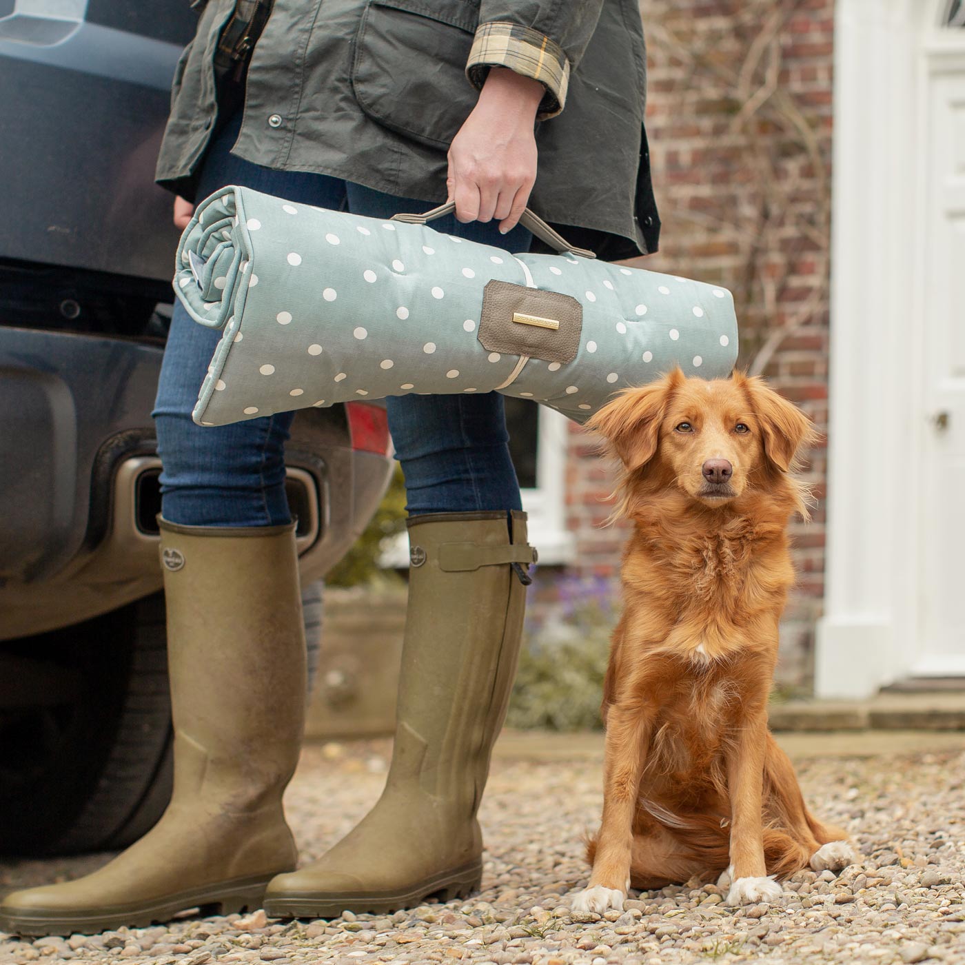 Embark on the perfect pet travel with our luxury Travel Mat in Essentials Duck Egg Spot. Featuring a Carry handle for on the move once Rolled up for easy storage, can be used as a seat cover, boot mat or travel bed! Available now at Lords & Labradors US