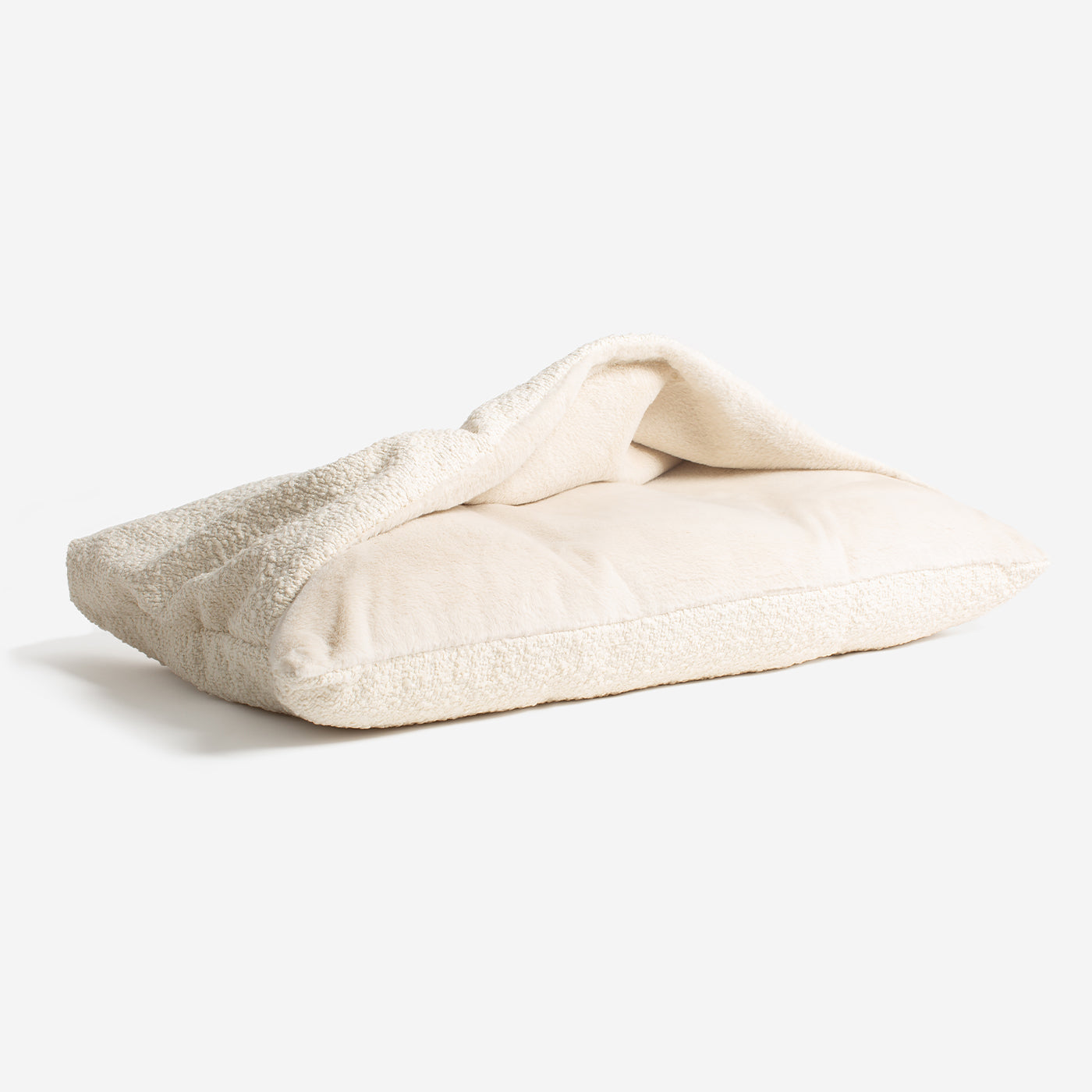 Luxury Ivory Boucle Sleepy Burrows, The Perfect bed For a Pet to Burrow. Available To Personalize In Stunning Ivory Bouclé Here at Lords & Labradors US