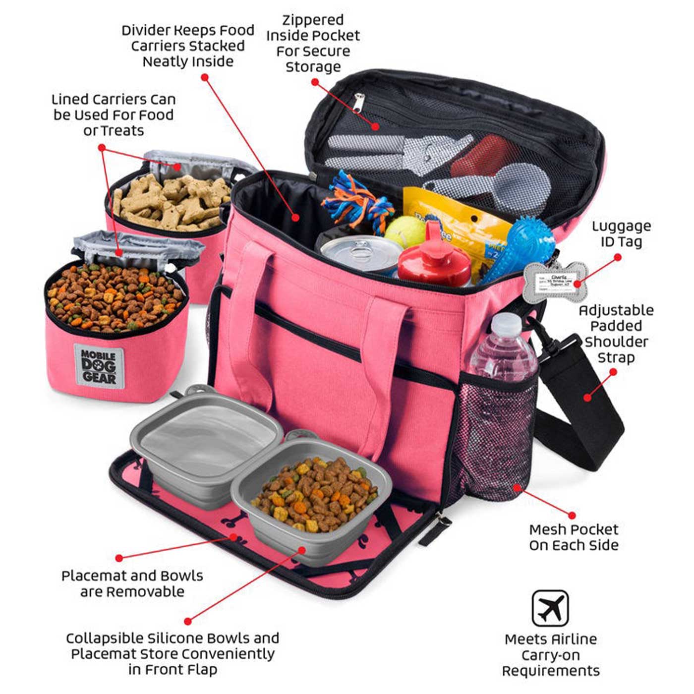 Discover, Mobile Dog Gear Week Away Bag, in Pink. The Perfect Away Bag for any Pet Parent, Featuring dividers to stack food and built in waste bag dispenser. Also Included feeding set, collapsible silicone bowls and placemat! The Perfect Gift For travel, meets airline requirements. Available Now at Lords & Labradors US